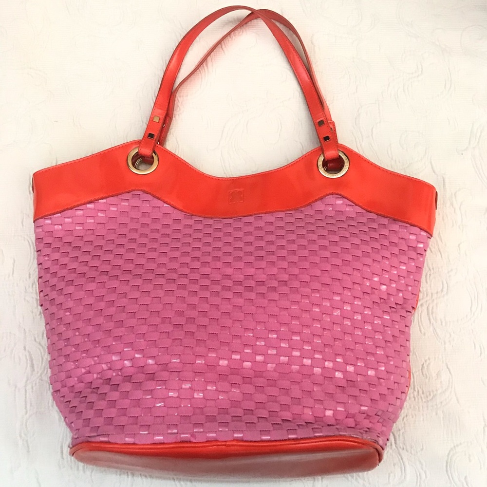 LIZ CLAIBORNE Pink/Orange Faux Leather Large Woven Tote